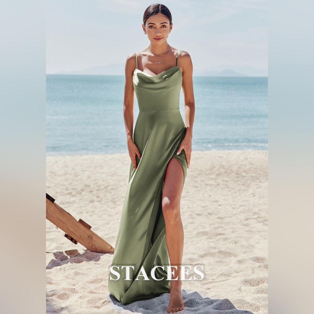 Stacees Olive Stretch Satin Bridesmaid Dress